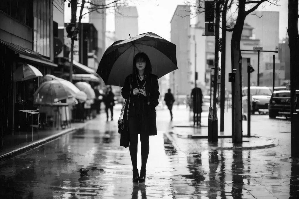 图像是黑白的。正在下雨,街道很湿。有人撑着雨伞走在街上,一辆汽车正在经过。图像中央有一个女人撑着雨伞。她穿着一件长黑色大衣,穿着黑色靴子。她正低头看手机。