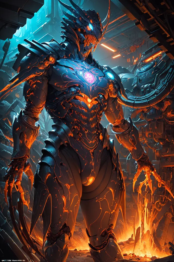 The image is a digital painting of a science fiction scene. A humanoid robot is standing in a dark, industrial setting. The robot is made of black and gray metal, and it has a glowing blue core. It is wearing a helmet with a visor, and it has sharp claws on its hands and feet. The background of the image is a dark, fiery orange. There are large machines and structures in the background. The image is very detailed, and the artist has used a variety of techniques to create a realistic and immersive scene.