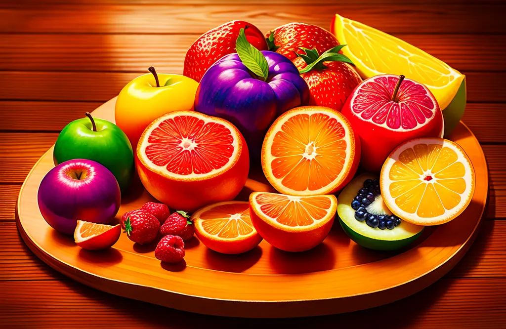 There is a wooden table with a wooden plate full of fruit on it. The fruit includes apples, oranges, grapefruit, and plums. The fruit is all very colorful.