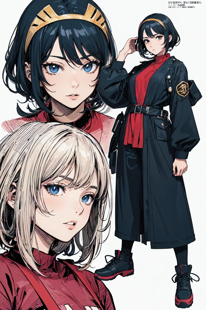 There are two images of the same anime girl with different hairstyles. They are both wearing red and black. The girl on the left has black hair and blue eyes, and the girl on the right has white hair and blue eyes.