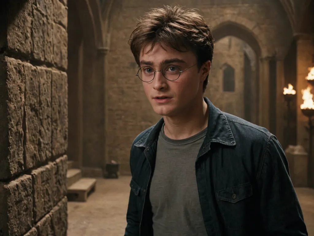 This is a picture of Harry Potter, a character from the Harry Potter series. He is a young wizard who is attending Hogwarts School of Witchcraft and Wizardry. He is wearing his school uniform, which consists of a grey sweater vest, a white shirt, and a black jacket. He is also wearing glasses. He has a serious expression on his face. He is standing in a stone corridor, which is lit by torches.