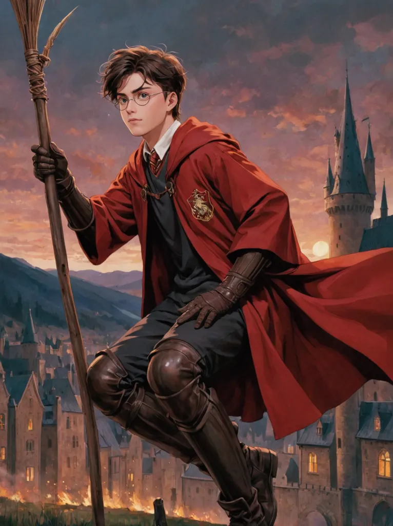 This is a picture of Harry Potter, a young wizard who is the protagonist of a series of fantasy novels written by J.K. Rowling. He is depicted here wearing his school uniform, which consists of a red and yellow robe and a brown leather belt. He is also carrying a broomstick, which he uses to play Quidditch, a sport that is popular in the wizarding world. The background of the picture is a castle, which is where Harry Potter attends school.