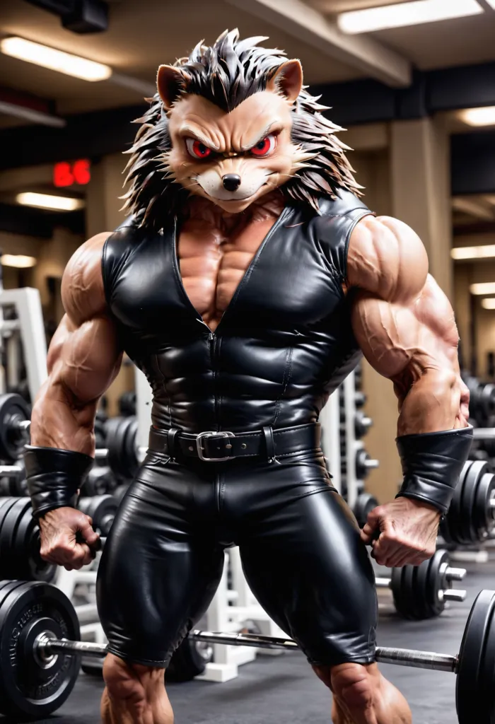 The image depicts a muscular anthropomorphic wolf in a black leather outfit, complete with a belt and gloves. The wolf's fur is dark brown, and its eyes are a glowing red. It is standing in a gym, surrounded by weightlifting equipment. The wolf is holding a pair of barbells, and it is clear that it is very strong. The image is both impressive and intimidating, and it is clear that the wolf is a force to be reckoned with.