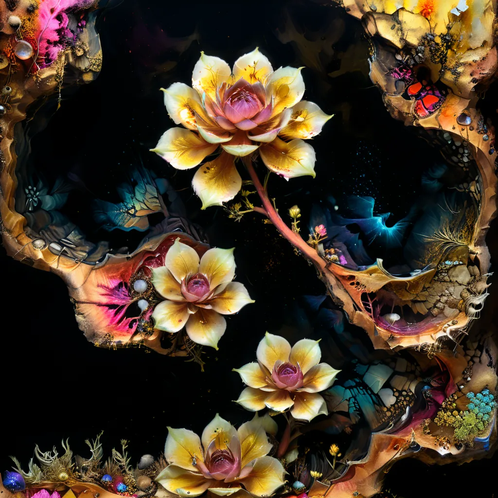 The image is a beautiful and surreal depiction of flowers. The flowers are incredibly detailed, with delicate petals and vibrant colors. They seem to be growing in a dark and mysterious place, with strange and wonderful plants and creatures all around them. The overall effect is one of wonder and enchantment.