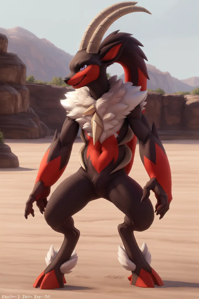 The image shows a bipedal, caprine Pokémon with black fur, red and white details, and large horns. It stands on a rocky plain, surrounded by mountains. The Pokémon has a smug expression on its face and is looking at the viewer.