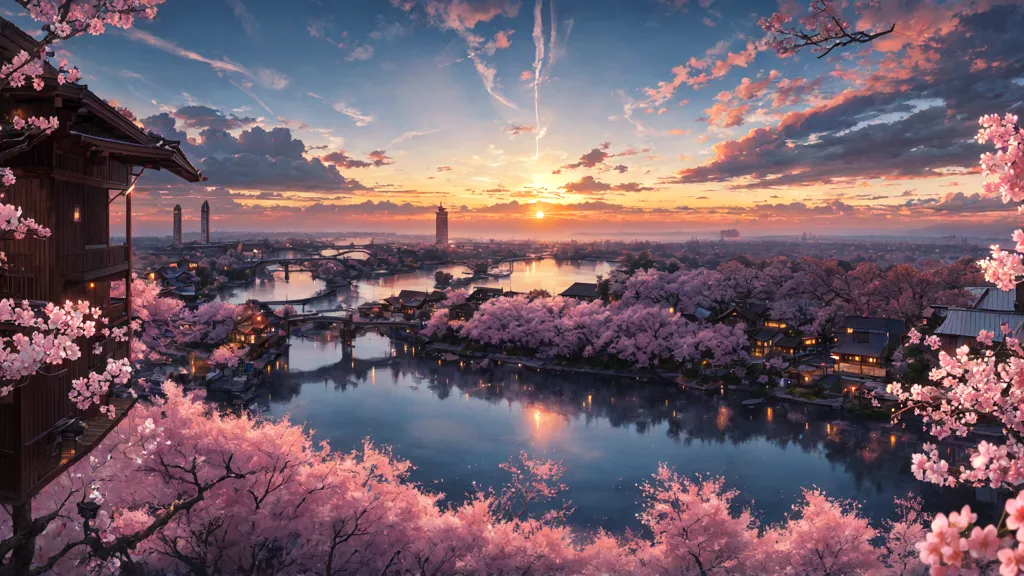 这张图片是一个城市在樱花季节的美丽景观。天空是橙色、粉色和蓝色的渐变,有白色的云朵。这个城市位于一条河流旁,有许多传统的日式建筑。树木正处于盛开状态,有精致的粉色花朵。这幅图像给人一种宁静祥和的感觉,捕捉到了樱花季节的美丽。