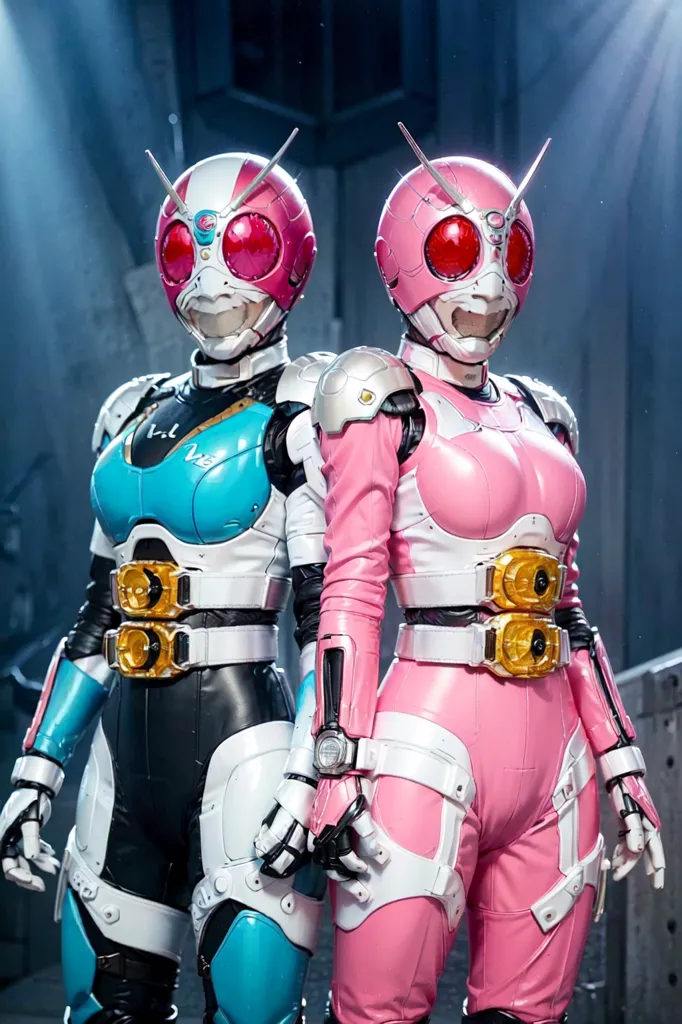 The image shows two female characters from the Kamen Rider series. They are both wearing pink and blue form-fitting suits with white and silver accents. They also have on helmets with large red eyes and black visors. The characters are standing next to each other in a fighting stance.