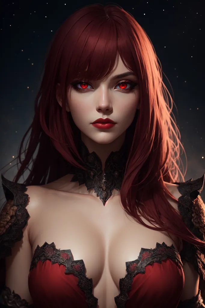 This is an image of a woman with red hair and red eyes. She is wearing a red and black dress with a sweetheart neckline. The dress is trimmed with black lace. She is also wearing a black choker with a red gem in the center. Her hair is long and straight, and her eyes are bright red. She has a serious expression on her face. The background is a dark night sky with stars.