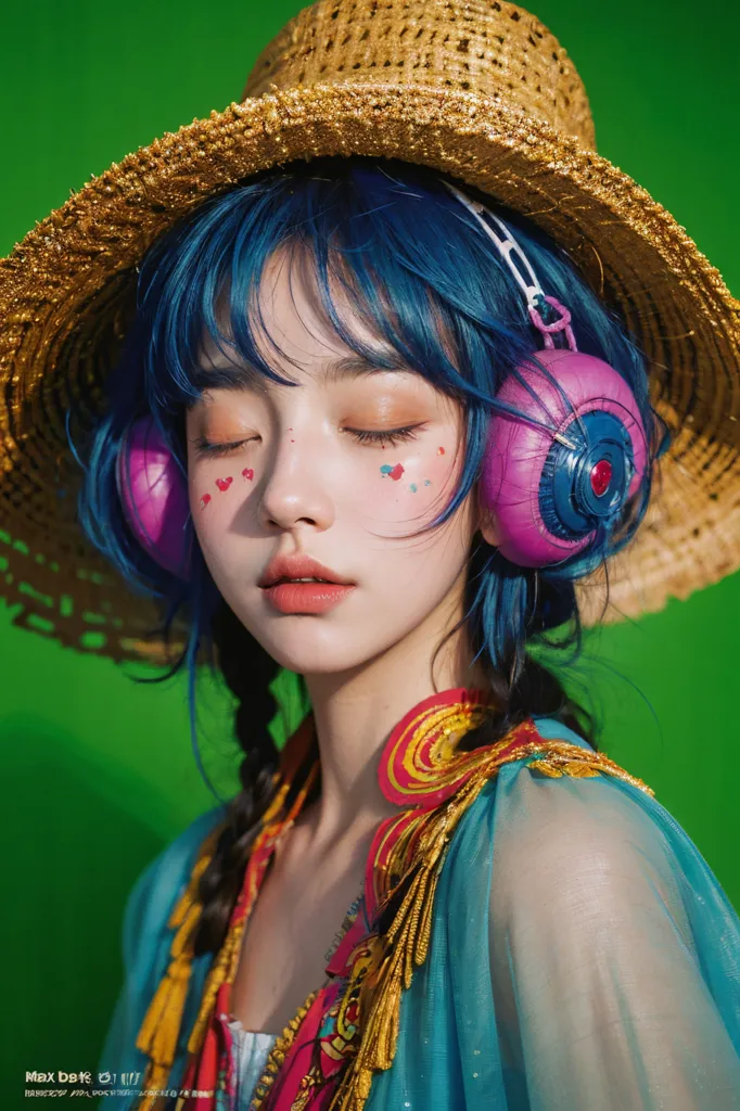 This is an image of a young woman with blue hair and pink headphones. She is wearing a straw hat and a colorful dress. She has her eyes closed and looks like she is enjoying the music. The background is green.