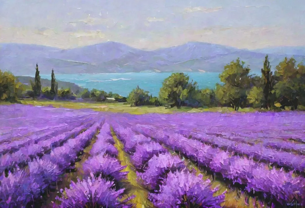 This is a painting of a lavender field. The lavender is in full bloom and the field is a sea of purple. The lavender is planted in rows and there are cypress trees in the background. There is a mountain range in the distance and the sky is blue with a few white clouds. The painting is done in a realistic style and the colors are vibrant and lifelike.