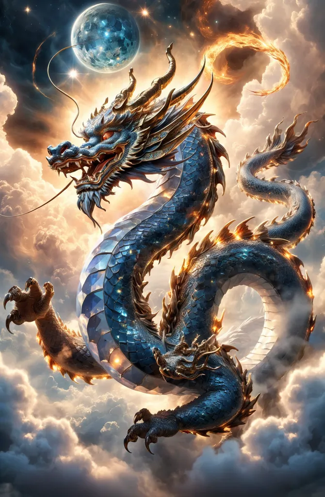 A magnificent blue dragon soars through the clouds. Its body is covered in shimmering scales and its wings are outstretched as it flies. The dragon's eyes are a deep, piercing blue and its teeth are sharp and gleaming. The dragon is surrounded by a stormy sky and a full moon shines brightly in the background.