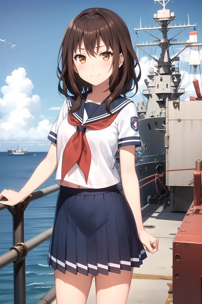 A young girl with brown hair and brown eyes is standing on the deck of a ship. She is wearing a white shirt, red scarf, and blue skirt. The ship is in the ocean and there are other ships in the distance. The sky is blue and there are white clouds. The girl is smiling.