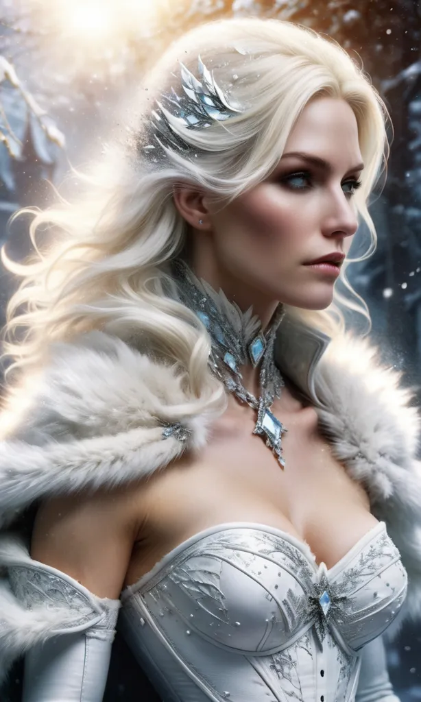 This is an image of a beautiful woman with long white hair and blue eyes. She is wearing a white dress with a fur collar. She is standing in a snowy forest. The sun is shining through the trees, creating a magical atmosphere. The woman looks like a queen or a goddess. She is both beautiful and powerful. She is the embodiment of winter.