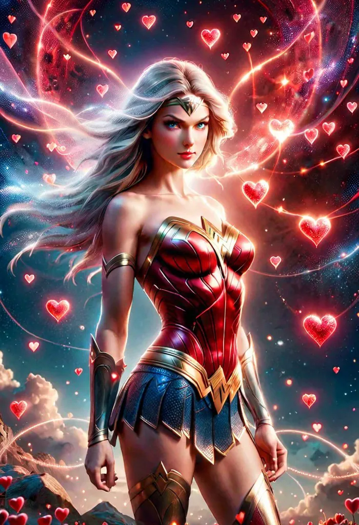 This is an image of Wonder Woman. She is a superhero who appears in DC Comics. She is known for her strength, courage, and compassion. She is often depicted wearing a red, white, and blue costume and wielding a lasso of truth. In this image, she is standing in a powerful pose, surrounded by red hearts. The background is a dark blue night sky, with clouds and stars.