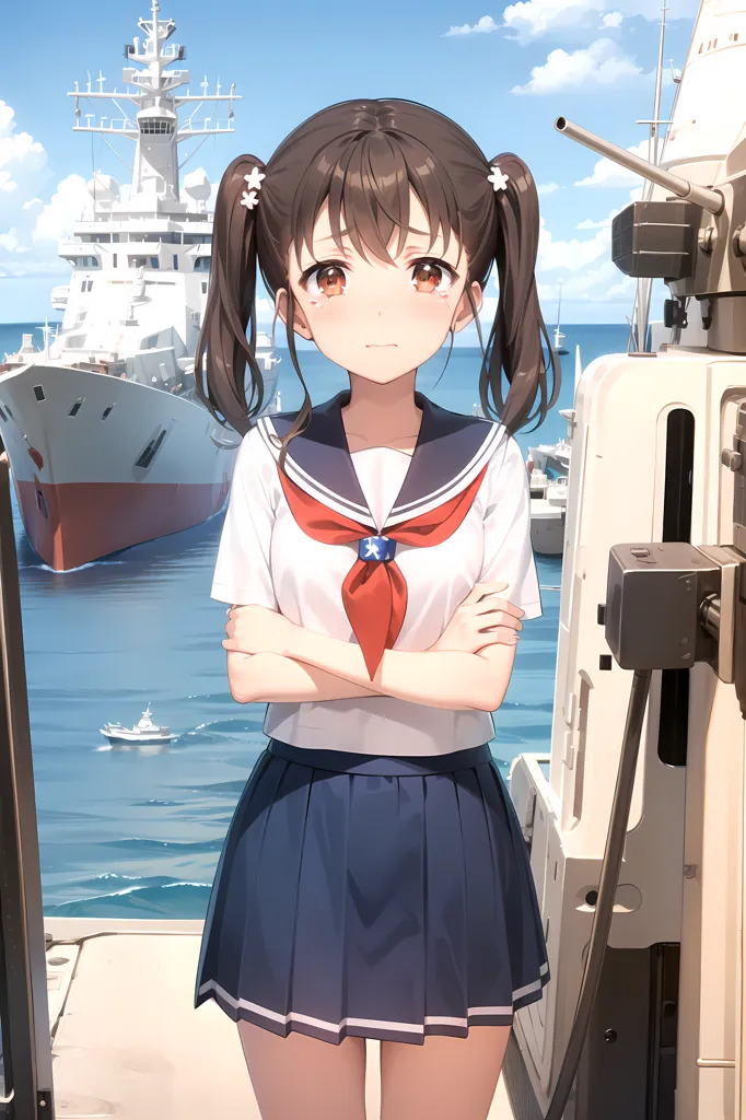 A young girl with brown hair and brown eyes is standing on the deck of a warship. She is wearing a white shirt, a red scarf, and a blue skirt. She has her arms crossed and is looking at the viewer with a sad expression. In the background, there are other warships and a large body of water. The sky is blue and there are some clouds in the distance.