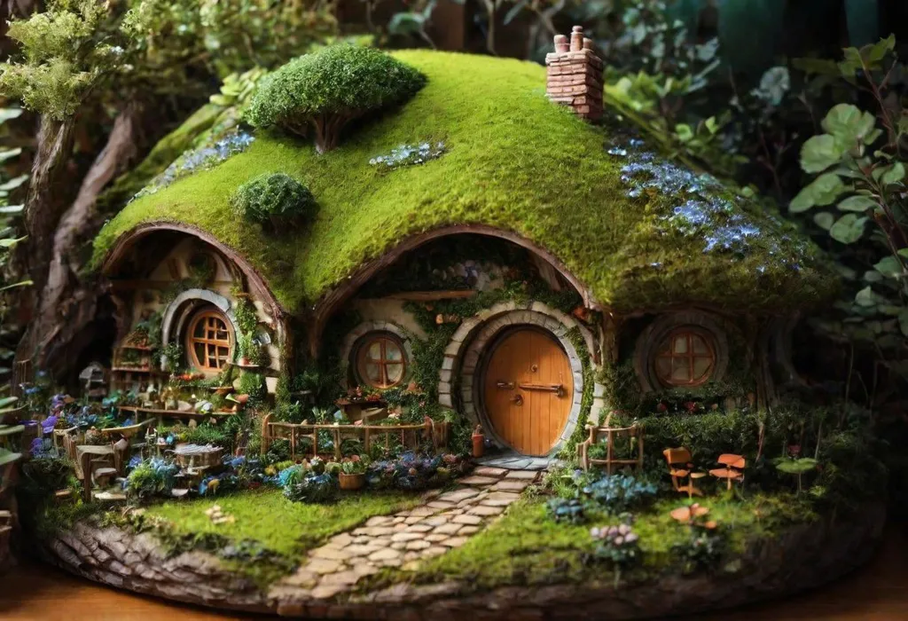 The image is a close-up of a hobbit hole. The hobbit hole is a round, underground home with a green, grassy roof. There is a small, round door in the front of the hobbit hole, and two round windows on either side of the door. The hobbit hole is surrounded by a garden with flowers and plants. There is a path leading up to the hobbit hole, and there are trees and bushes in the background.