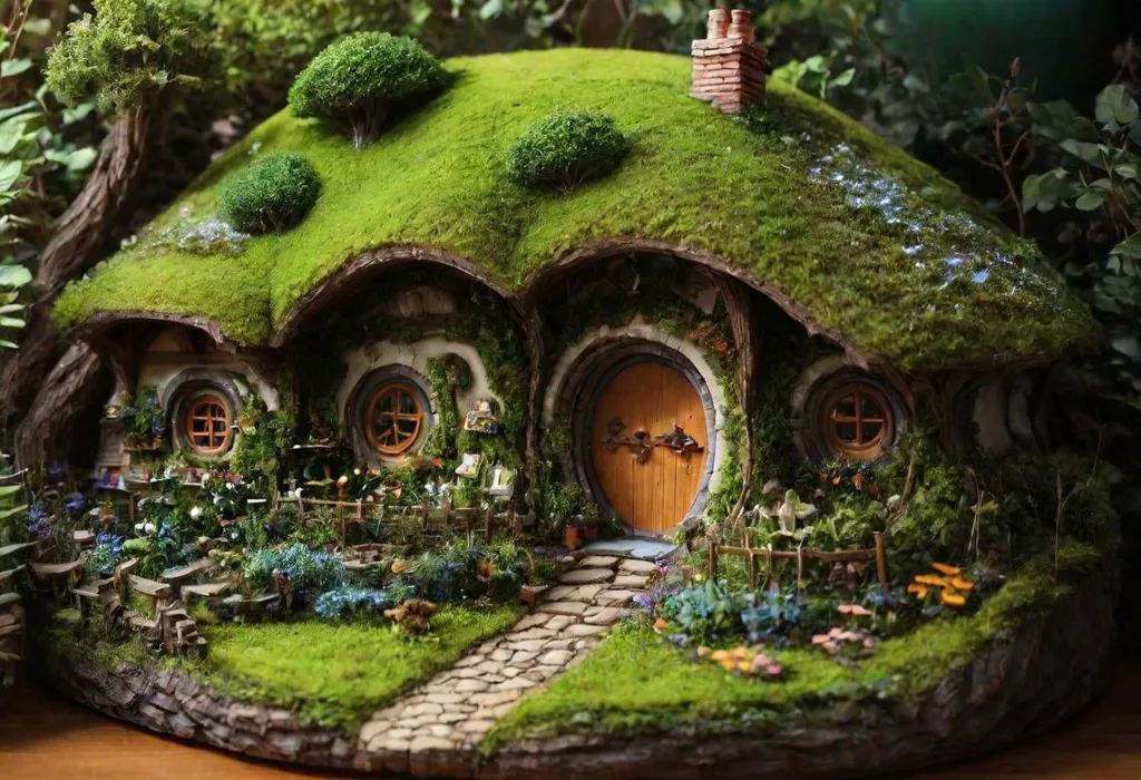 The image is a close-up of a hobbit hole. The hobbit hole is a round, underground home with a green roof. The door is made of wood and has a round window. There are two windows on either side of the door. The windows are round and have shutters. There is a path that leads up to the hobbit hole. The path is made of stone and has a wooden fence on either side. The fence is painted white. There are flowers and plants growing on either side of the path.