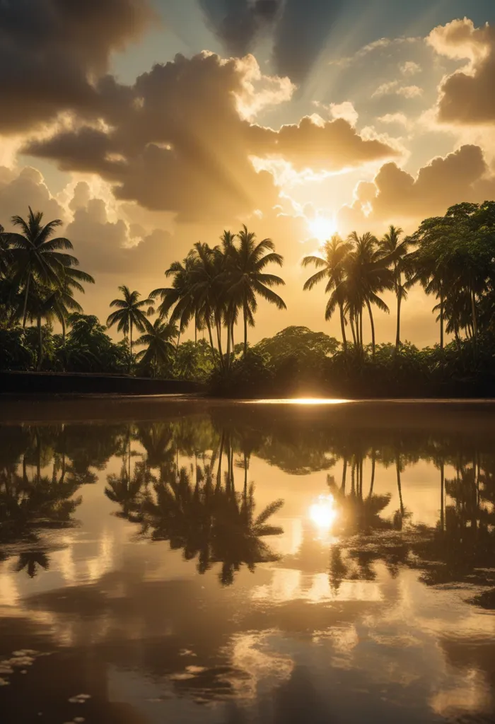 The setting sun casts a golden glow on the calm water, palm trees, and clouds. The sky is ablaze with color, and the scene is one of peace and tranquility. The palm trees are reflected in the water. The sun is setting behind the trees.