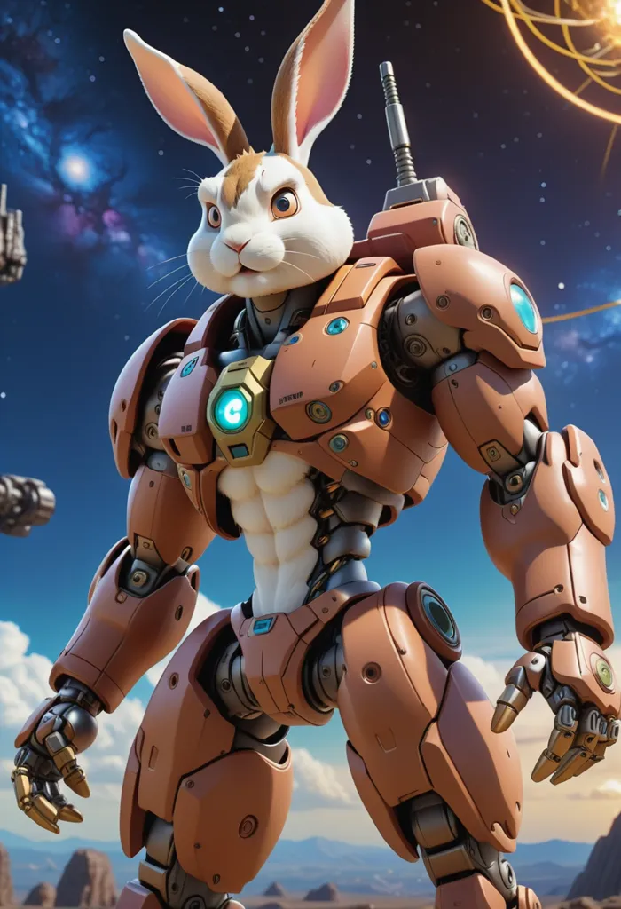 The image shows a humanoid robot with a rabbit head. The robot is standing in a rocky landscape with a blue sky and clouds in the background. The robot is made of metal and has a brown and white color scheme. It has a large圓柱形 body with a smaller head and limbs. The robot's head has a pair of long, pointed ears and a pair of large, expressive eyes. The robot is also wearing a pair of gloves and a pair of boots.