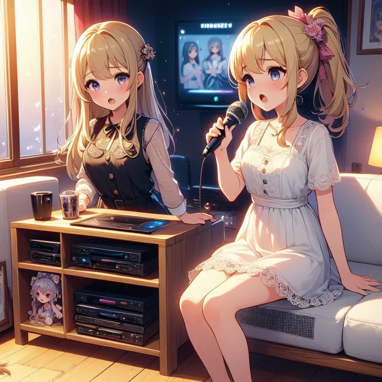 Two anime girls are singing karaoke in a living room. The girl on the left is wearing a black vest and a white blouse. She is holding a cup of coffee. The girl on the right is wearing a white dress. She is holding a microphone and singing. There is a television in the background.