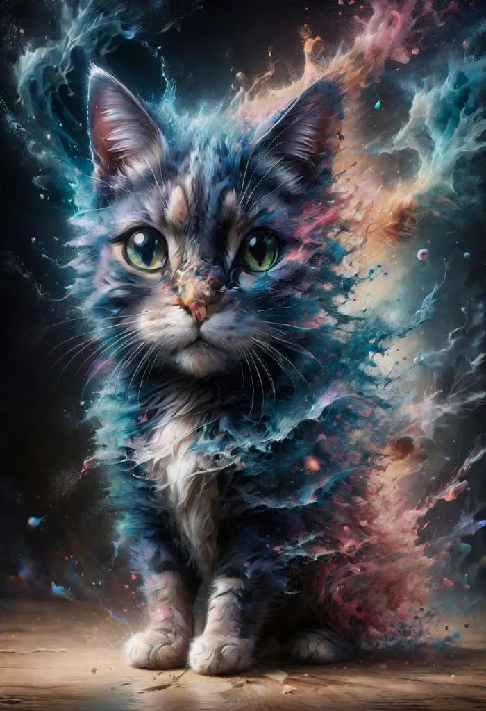 A digital painting of a cat with vibrant colors and a unique style. The cat is sitting on a wooden surface with its paws in front of it. It has big round green eyes and a curious expression on its face. The cat's fur is a mixture of blue, purple, and pink, and it is surrounded by a colorful mist. The background is a dark blue night sky with bright stars and planets. The painting has a surreal and otherworldly atmosphere.