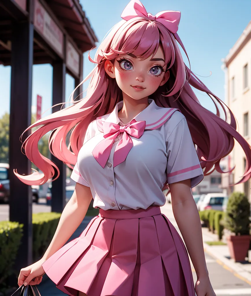 The image shows a young girl with pink hair and blue eyes. She is wearing a white shirt, a pink bow, and a pink skirt. She is also carrying a bag. The background is a blurred street with cars and buildings. The girl is looking at the viewer with a smile on her face.