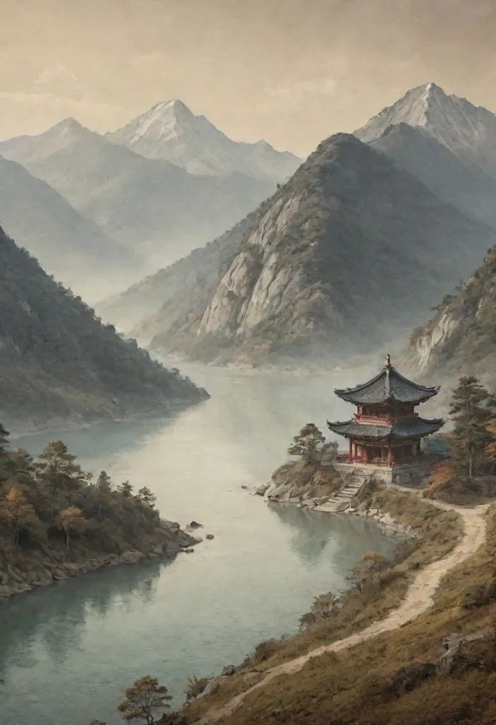 A winding river flows through a valley between tall mountains. The river is wide and calm, and the mountains are steep and rugged. On the banks of the river is a small pavilion. The pavilion is made of wood and has a red roof. There are trees and shrubs around the pavilion. In the distance, there is a mountain range covered in snow.