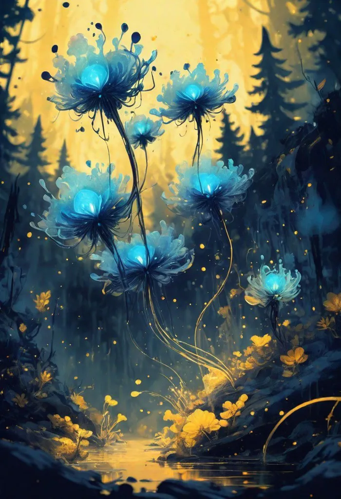 The picture is a surreal landscape with glowing blue flowers in the center. The flowers are tall and slender, with long, delicate petals. They are arranged in a circle, with a single flower in the center. The flowers are surrounded by a dark forest, with tall, shadowy trees. The ground is covered in a thick layer of moss. There is a river running through the forest, and the water is a deep blue color. The sky is dark and cloudy, and there is a single star shining in the sky.