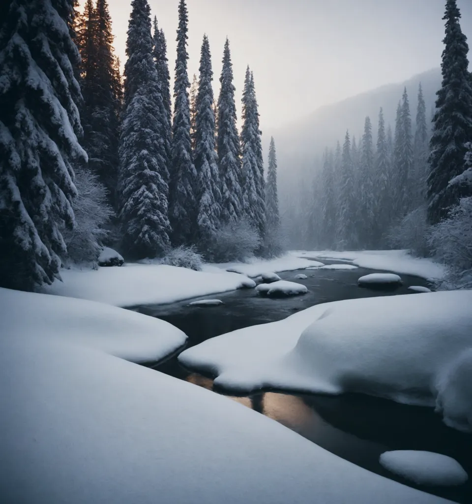 The image is a beautiful winter landscape. The snow is thick on the ground and the trees are covered in frost. The sun is shining through the trees and tạo a beautiful scene. The river is frozen and the snow is piled high on the banks. The trees are bare and the forest is still. The only sound is the gentle crunching of the snow underfoot. It is a peaceful and serene scene.