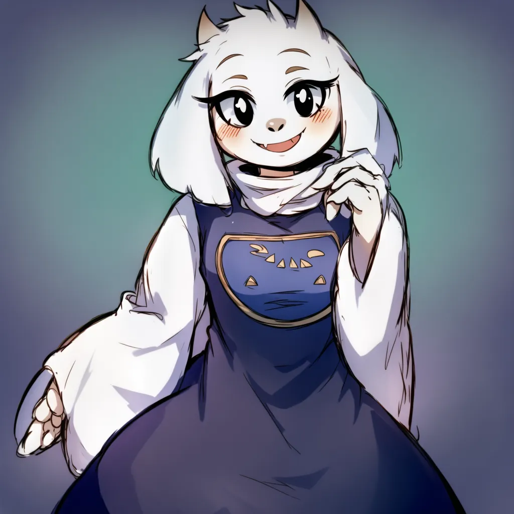 这张图片是来自Undertale游戏中的角色Toriel。她是一个类山羊的怪物,拥有白色的毛发和角。她穿着一件紫色的连衣裙,前面有一个黄色和蓝色的三角形符号。她的表情温和友善,正微微一笑地看着观众。