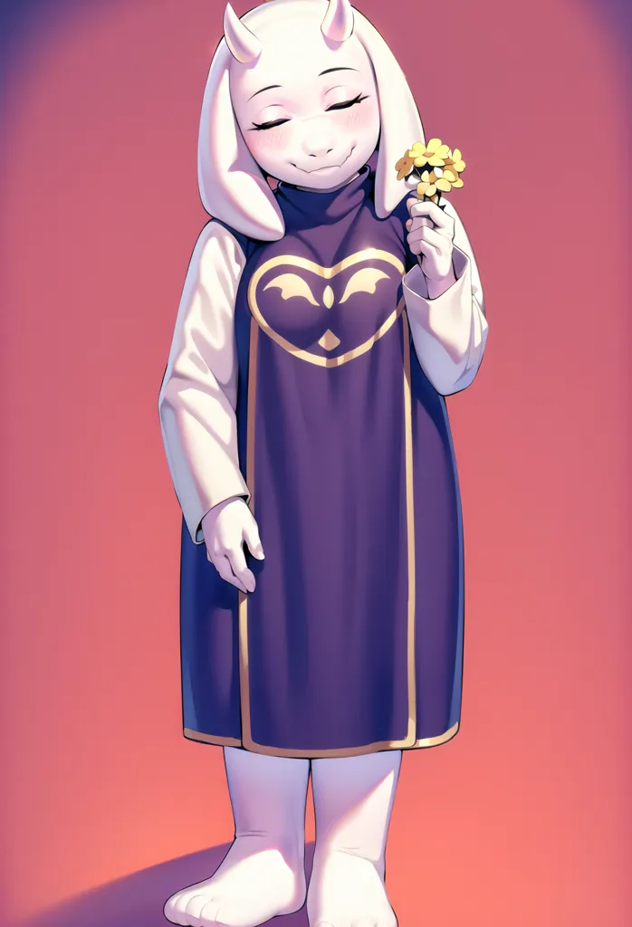 这张图片是来自Undertale游戏的一个角色。这个角色是Toriel,一个类山羊的怪物,是人类主角的养母。她穿着一件紫色的连衣裙,有白色的领子和袖口。她有一头长长的白发和角,眼睛闭着一副安详的表情。她手里拿着一束黄色的花朵。背景是粉色和橙色的渐变,整个图像采用了半写实的绘画风格。