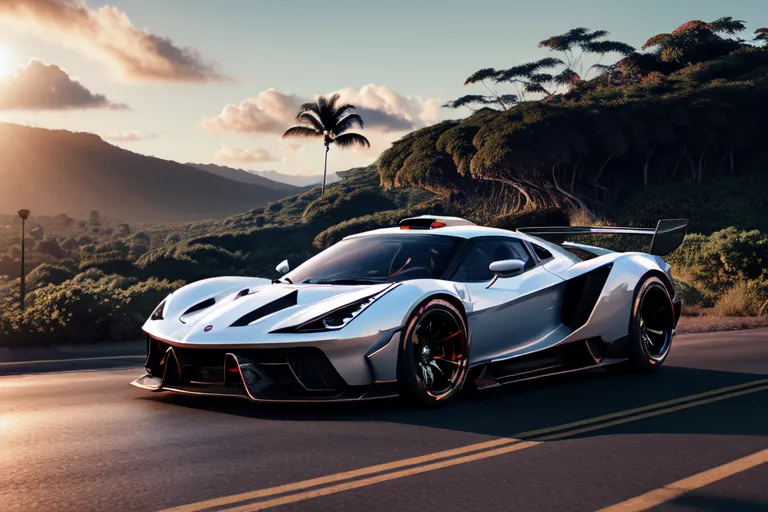 A silver sports car is on an asphalt road in a tropical setting. The car has a large rear spoiler and a front splitter. The car is surrounded by green palm trees and the sun is setting in the background. The sky is orange and the sun is casting shadows over the car. The car is very sleek and has a futuristic design.