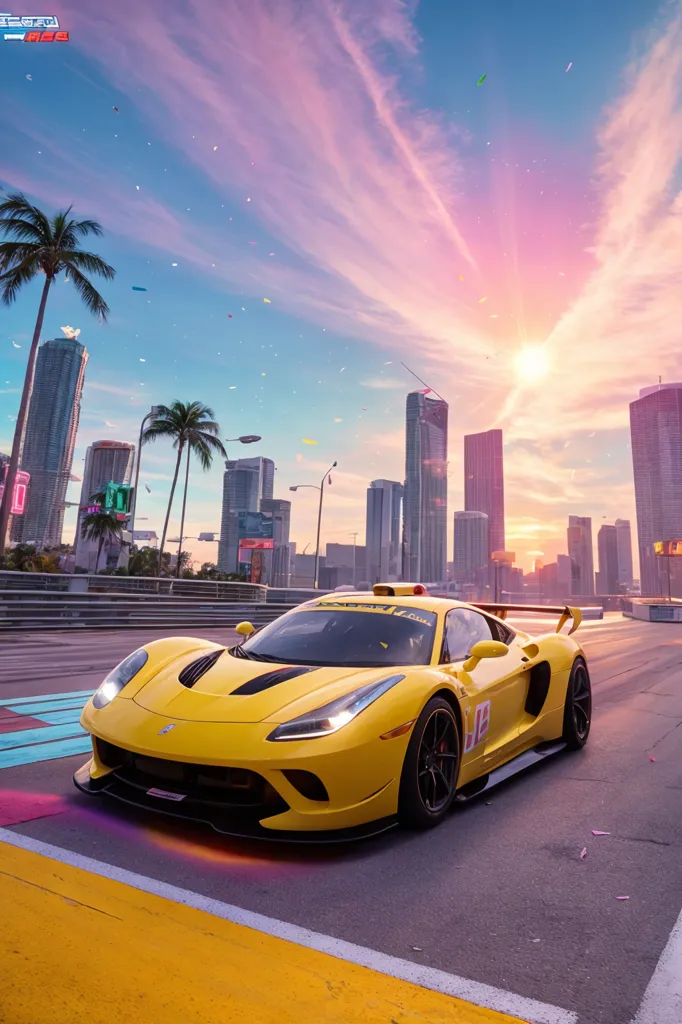 This is a photo of a yellow sports car with black rims driving on a road in a city. The car is surrounded by palm trees and buildings. The sky is a bright orange and yellow color. The car is blurred, and the background is in focus.