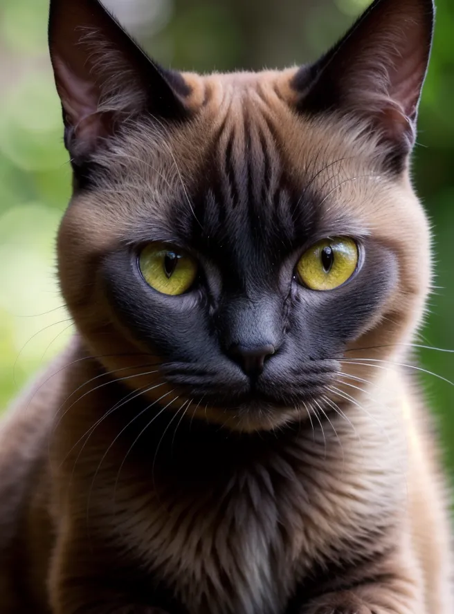 这是一张猫咪的特写照片。这只猫的毛发是棕色的,脸部和颈部有一些较深的斑点。它的眼睛是黄色的,鼻子是深棕色的。这只猫正盯着镜头,看起来有些不高兴的表情。