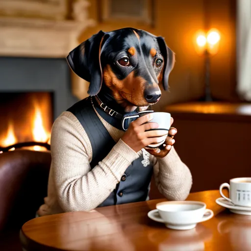 图像显示一只腊肠犬穿着人类的衣服坐在咖啡馆的桌子旁。这只狗用它的爪子拿着一个咖啡杯。背景中有一个壁炉,桌子上还有两个空的咖啡杯。