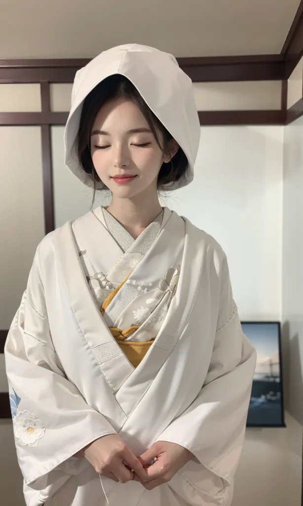 图像显示一位年轻女性穿着传统日本婚礼和服。和服是白色的,上面有精致的花卉刺绣。女性的发型采用了传统的日本婚礼发型,并戴着白色的头饰。