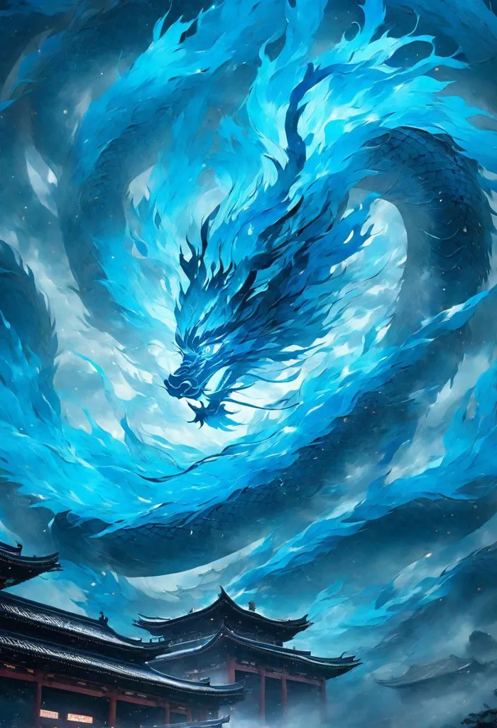 A majestic blue dragon soars through the sky above an ancient Chinese temple. The dragon's body is long and winding, and its scales are a deep blue color. The dragon's eyes are bright and piercing, and its mouth is open in a roar. The dragon is surrounded by clouds, and its body is wreathed in flames. The temple is made of wood and has a curved roof. The temple is surrounded by trees and mountains.