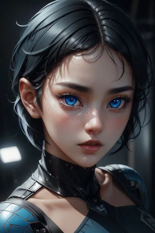 beautiful woman (((blue eyes))), (((short black hair)))  twenty year old woman, photorealistic, best quality, beautiful lighting, intricate, high detail, sharp focus, dramatic, (raw photo, 8k uhd, film grain) subsurface scattering, (sportswear) artwork, <lora:Cyberpunk03:10.0>, a gorgeous woman,