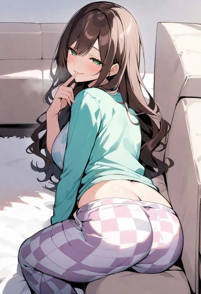 The image is a painting of a young woman in her pajamas. She has long brown hair, green eyes, and a curvy figure. She is wearing a mint green t-shirt and checkered pants. She is sitting on a couch, with one hand on her hip and the other holding a cigarette to her lips. She has a sly expression on her face, as if she is about to say something mischievous.