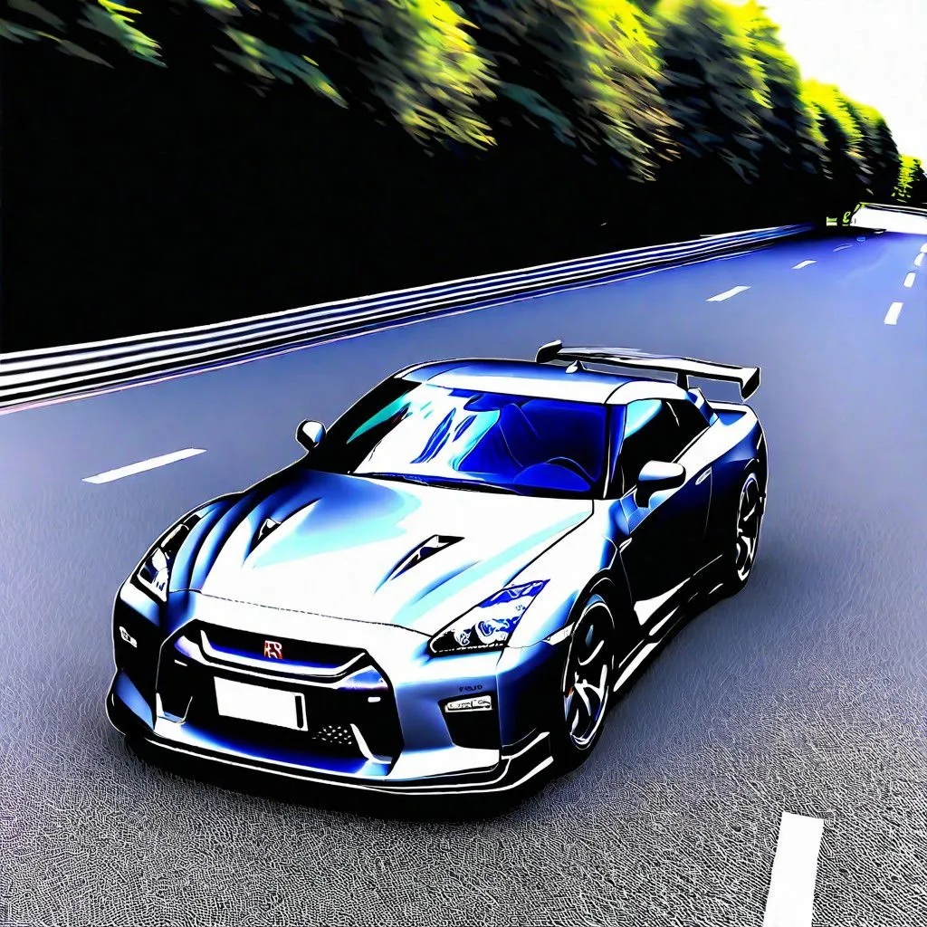 A silver sports car is driving on an asphalt road. The car has a large rear spoiler and a front splitter. The car is surrounded by trees and the sky is blue. The car is moving at a high speed.