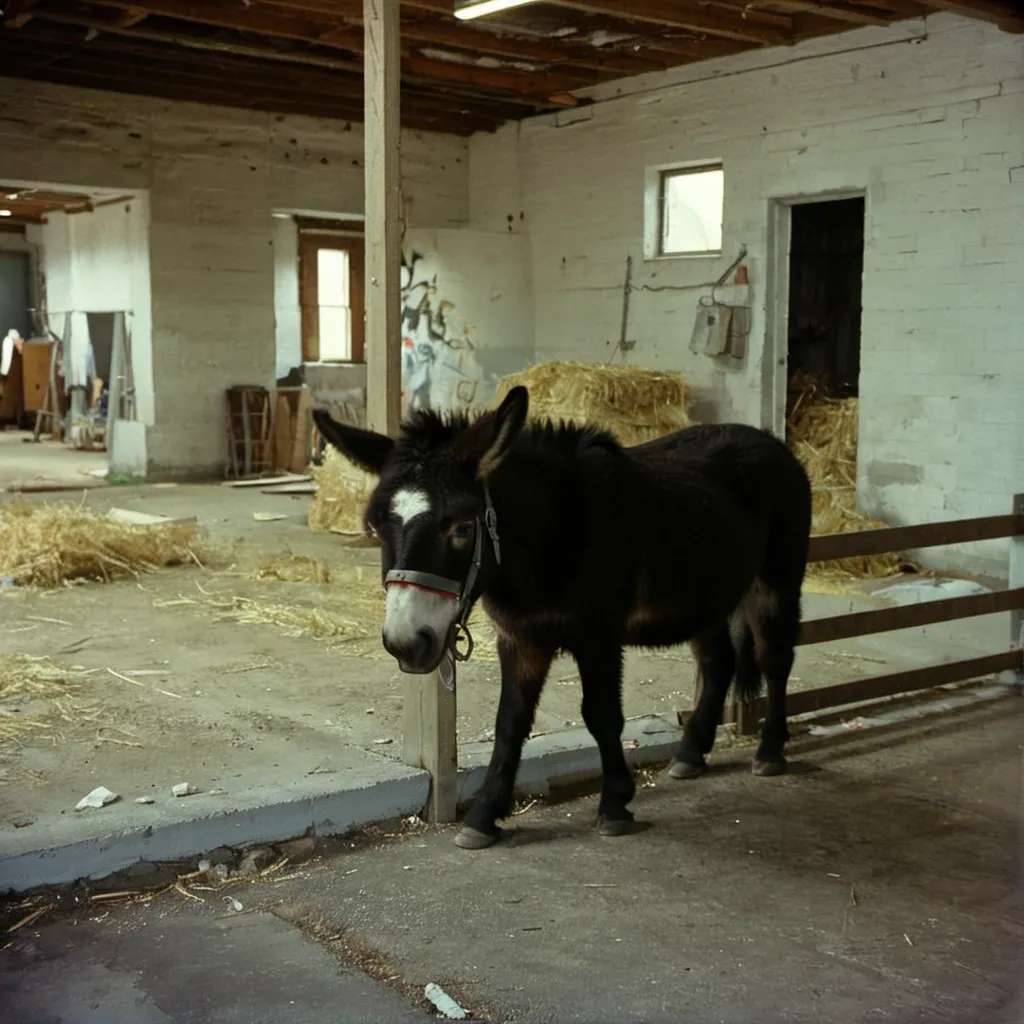 The image shows a donkey standing in a barn. The donkey is black with a white blaze on its forehead and white muzzle. It is wearing a halter. The barn is old and dilapidated, with hay bales stacked in one corner. There is a window and a door in the background. The image is taken from a low angle, which makes the donkey look larger than it is.