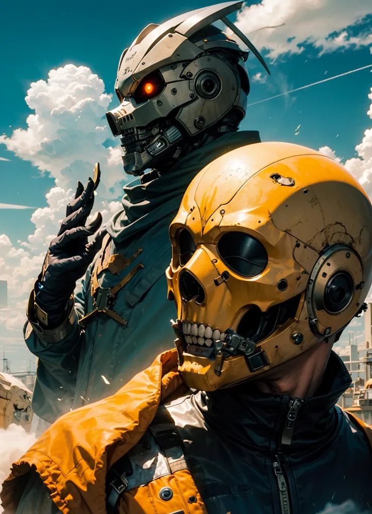 The image is set in a post-apocalyptic city. There are two men. The man on the left is wearing a black leather jacket and a skull mask. He is holding a gun. The man on the right is wearing a yellow leather jacket and a metal helmet. He is also holding a gun. The background of the image is a ruined city. There are buildings in the distance and smoke in the air. The sky is cloudy.