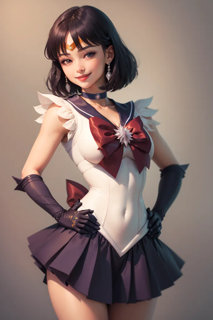 The picture shows a young woman with short black hair. She is wearing a white and blue sailor-style outfit with a red bow in the center. She is also wearing white gloves and black boots. The woman is standing with her hands on her hips and has a confident smile on her face.