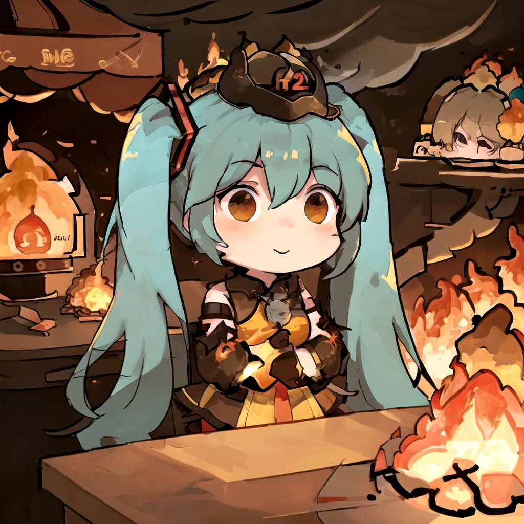 The image is of an anime girl with long blue hair and yellow eyes. She is wearing a yellow and red outfit and a firefighter's hat. She is sitting in a room that is on fire. There is another girl with short blonde hair in the background.