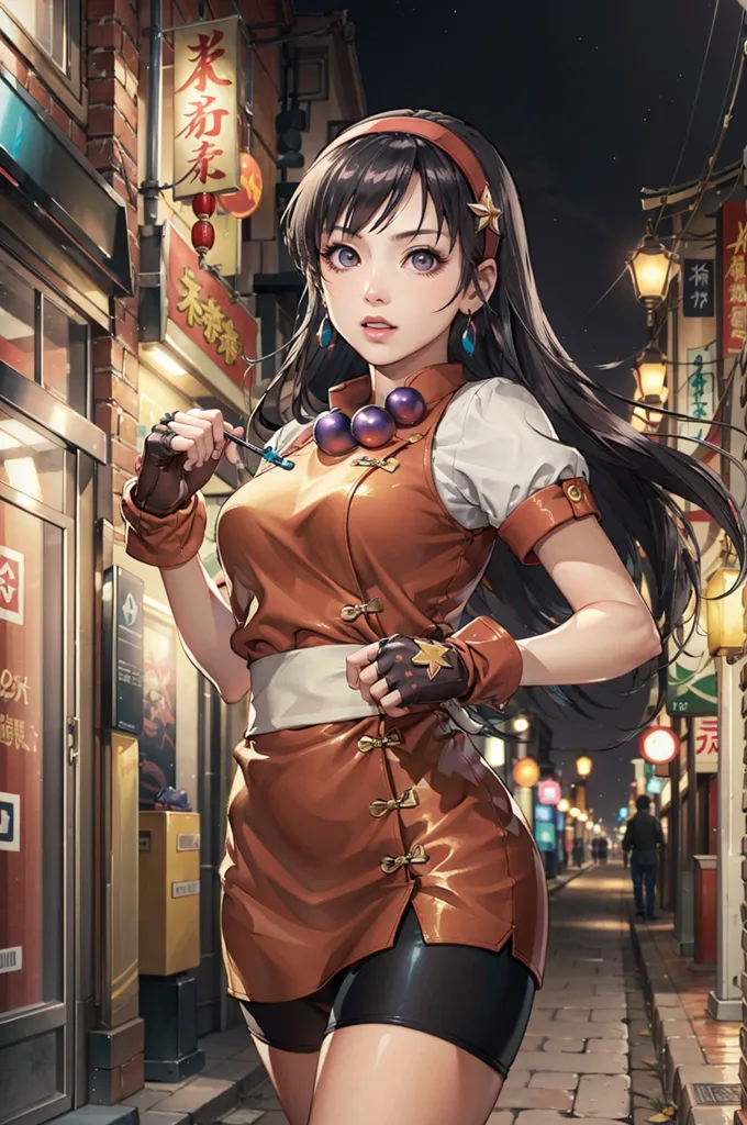 The image shows a young woman standing in a street with a traditional Chinese setting. She is wearing a brown and orange cheongsam-style dress with black shorts underneath. She has brown eyes and long black hair tied in a ponytail. She is also wearing a yellow headband and has a serious expression on her face. The background of the image is a busy street with people walking around and various shops and buildings. The image is in a realistic style and the colors are vibrant and saturated.