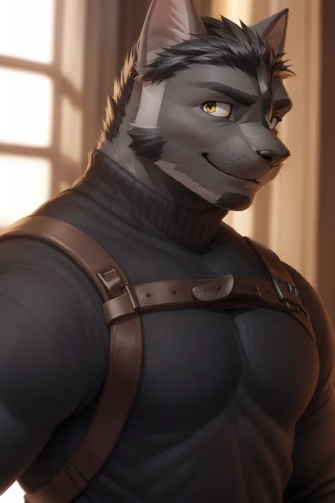 The image is of a muscular wolf anthropomorphic man with dark fur and yellow eyes. He is wearing a black tank top with brown straps and buckles. He has a confident expression on his face and is looking to the side. The background is a blurry window with a white curtain.