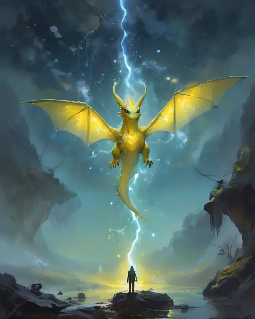 The image depicts a yellow dragon flying in a dark, stormy sky. The dragon is surrounded by lightning and has its wings outstretched. On the ground, a human stands, looking up at the dragon. The human is wearing a long cloak and has a sword in their hand.