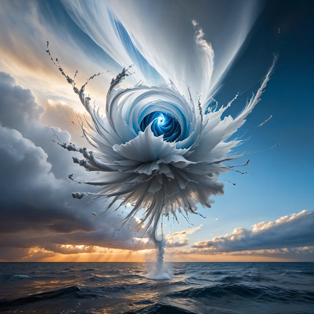 The image is a beautiful and awe-inspiring depiction of a tornado. The tornado is shown as a large, funnel-shaped cloud that is spinning rapidly. The tornado is surrounded by dark clouds and a stormy sea. The image is full of energy and movement, and it captures the power and beauty of nature.