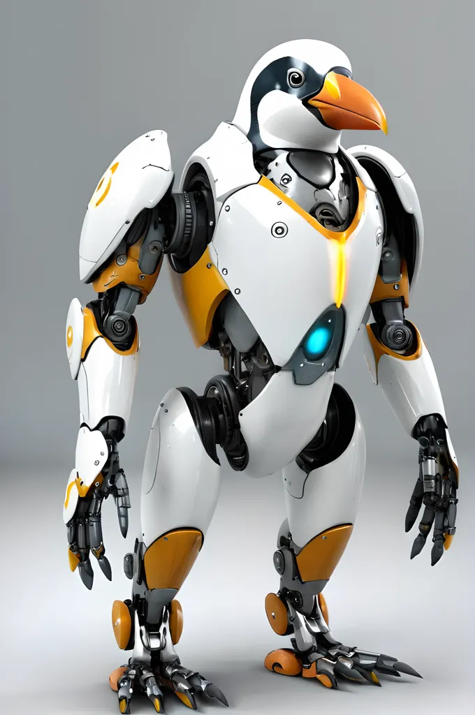 The image depicts a robot that resembles a penguin. It is white and orange, with a beak-like mouth and webbed feet. The robot is standing on a gray surface, and there is a white background behind it. The robot is made of metal, and it has a variety of mechanical parts.