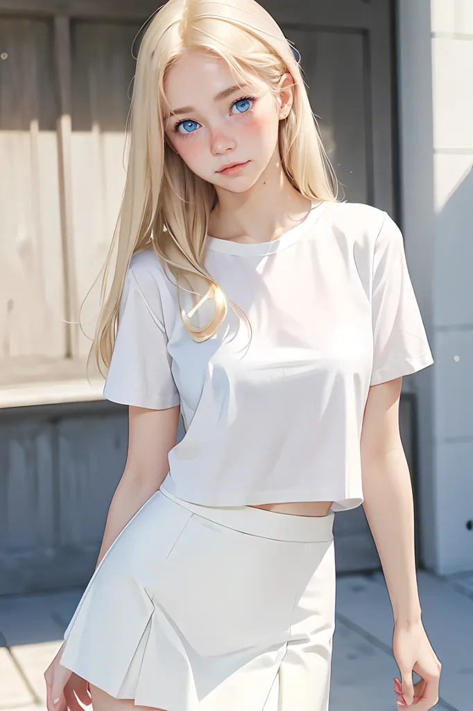 sfw,beautiful woman standing,skirt,white t-shirt,masterpiece,blonde hair,blue eyes,blush,blushed,blushing,young woman,pale white skin,medium perky tits,beautiful,sexy,sexy body,perfect body